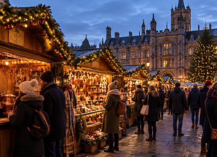 Festive Christmas market stalls with fairy lights near Liverpool