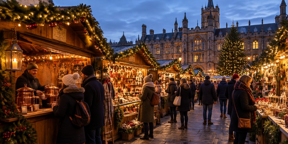 Festive Christmas market stalls with fairy lights near Liverpool
