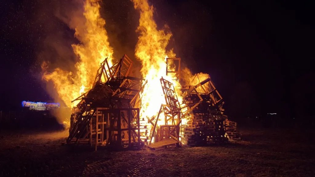 Bonfire blazing at a Bonfire Night celebration, Towneley Park, Burnley