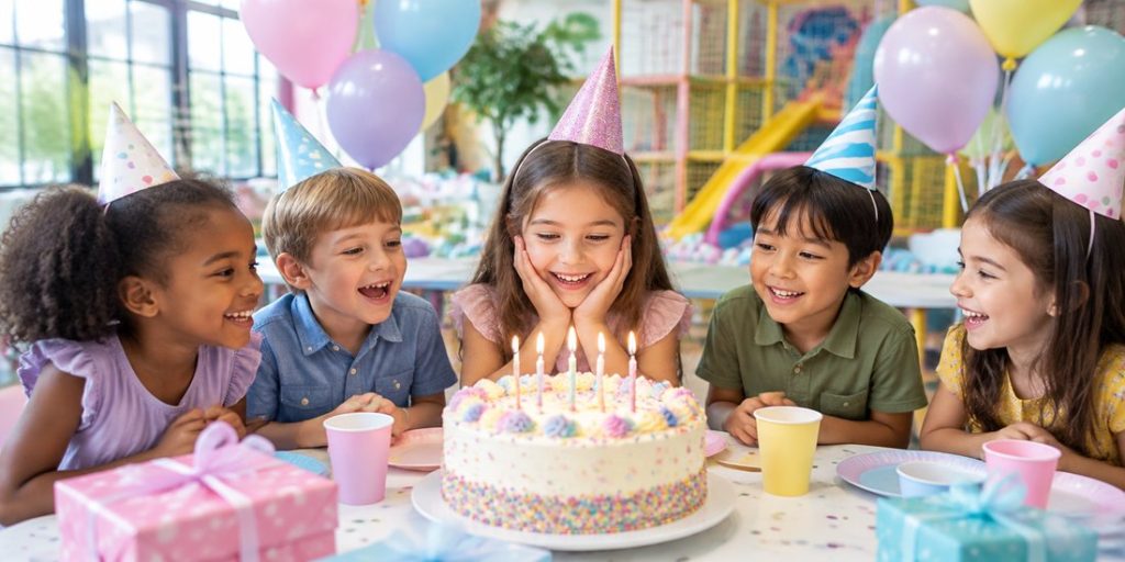 Children celebrating a birthday party with cake at a Liverpool party venue