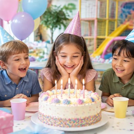 Children celebrating a birthday party with cake at a Liverpool party venue
