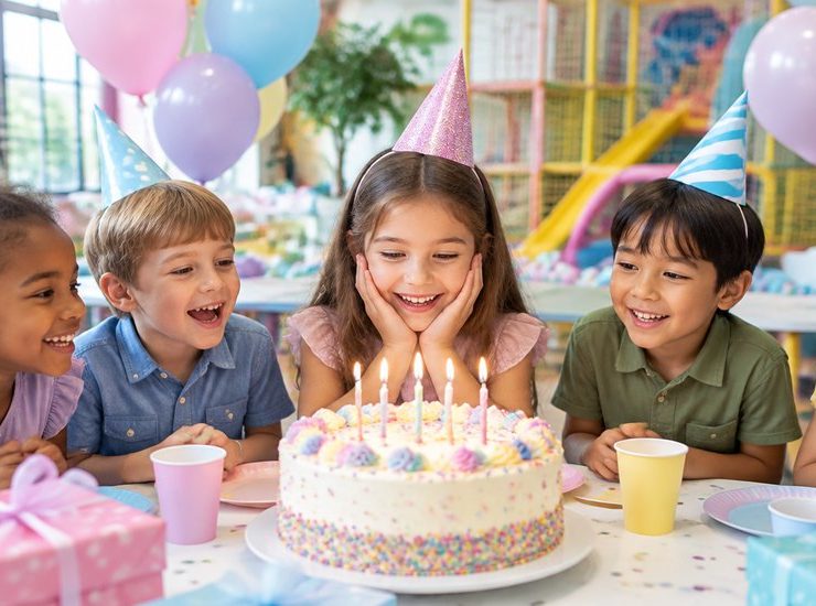 Children celebrating a birthday party with cake at a Liverpool party venue