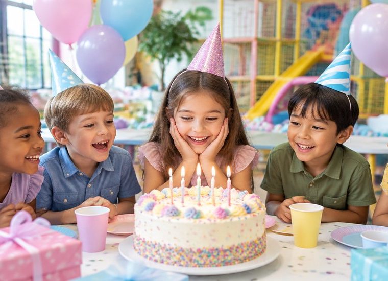 Children celebrating a birthday party with cake at a Liverpool party venue