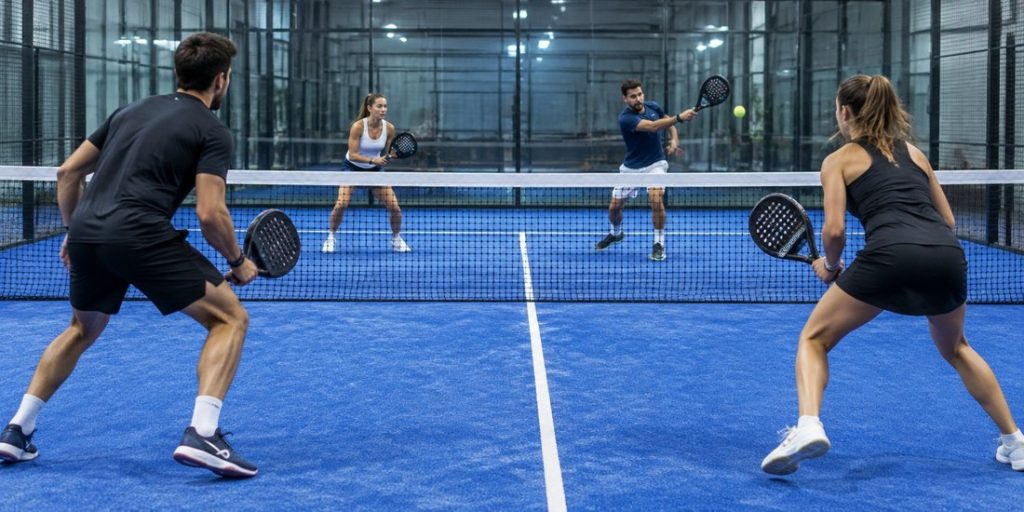 Friends playing doubles on an indoor padel court in Liverpool