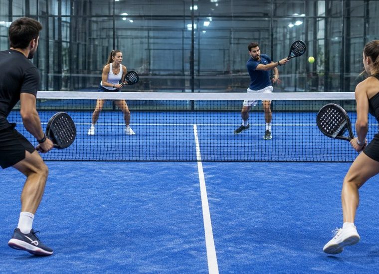 Friends playing doubles on an indoor padel court in Liverpool