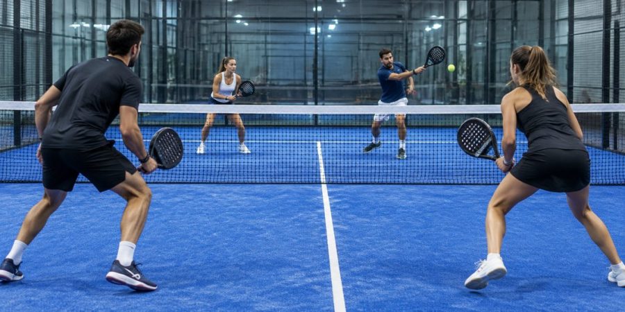 Friends playing doubles on an indoor padel court in Liverpool