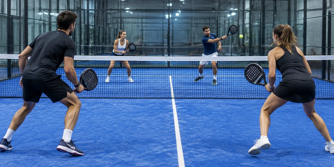 Friends playing doubles on an indoor padel court in Liverpool