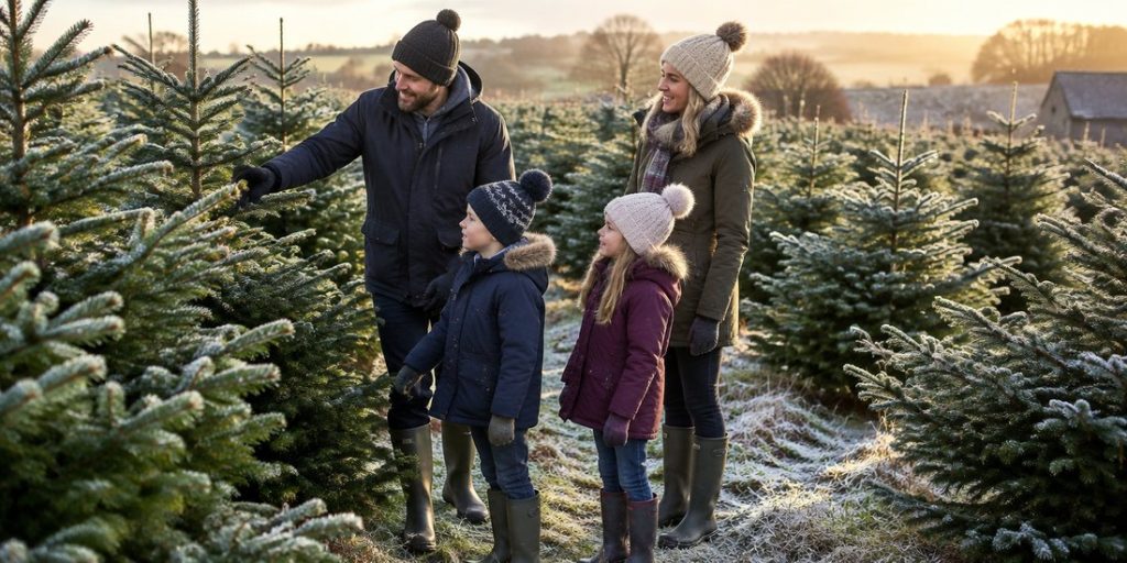Family choosing a real Christmas tree at a tree farm near Liverpool