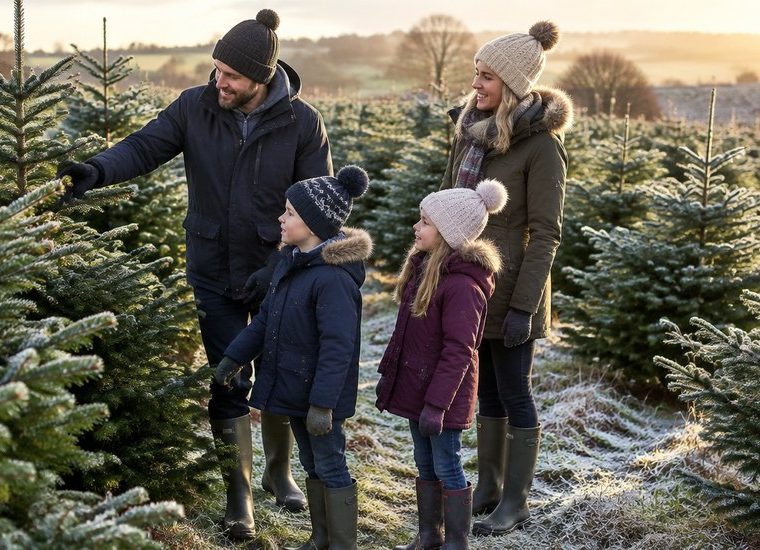 Family choosing a real Christmas tree at a tree farm near Liverpool