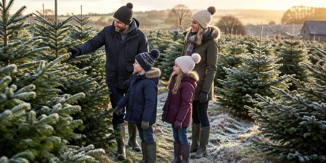 Family choosing a real Christmas tree at a tree farm near Liverpool