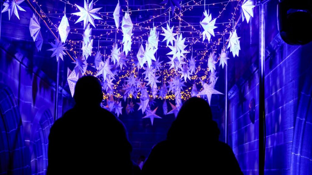 Illuminated paper stars at Noël light and sound experience, Liverpool Cathedral