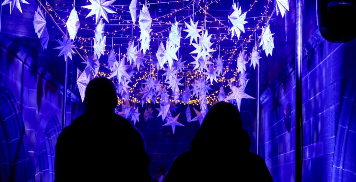 Illuminated paper stars at Noël light and sound experience, Liverpool Cathedral