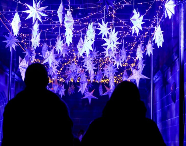 Illuminated paper stars at Noël light and sound experience, Liverpool Cathedral